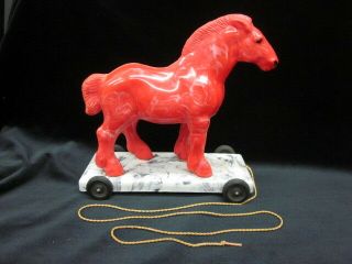 Rare Red Horse On Cart Celluloid Pull Toy 1940 