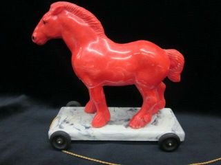 Rare Red Horse on Cart Celluloid Pull Toy 1940 ' s 3