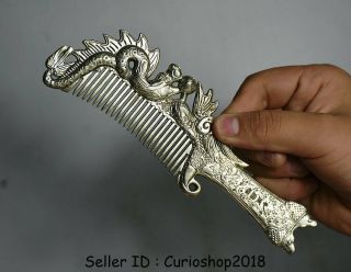 7 " Rare Old Chinese Silver Dynasty Palace Dragon Phoenix Handle Comb Hair Brush