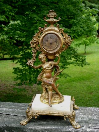11 1/2 " Antique 1891 Art Nouveau Metal & Marble Figural Clock - Girl - Lion Paws