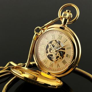 Pocket Watch Mechanical Gold Case Full Hunter Hand - Winding Chain Luxury Mens