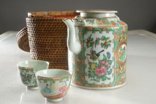 Antique Hand Decorated Chinese Tea Pot Set With Wicker Cozy Rose Medallion