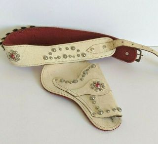Vintage White Studded Leather Toy Gun Holster Belt White Red 1960 