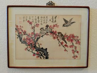 Fine Antique Chinese Bird Branch Cherry Blossom Painting Brushwork Signed Framed