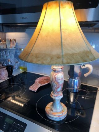VINTAGE ANTIQUE ALABASTER MARBLE 14” NIGHT STAND TABLE LAMP 5