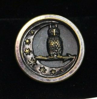 Fabulous Antique Metal Animal Button Owl W Crscent Moon & Stars Ff