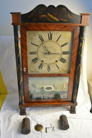 Antique Samuel Terry Weight Driven Mantle Pillar Scroll Clock Tole Paint Wood