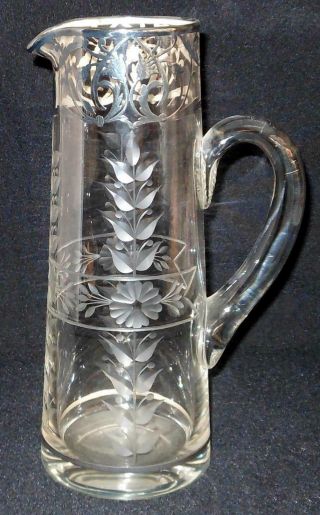 Antique Deep Etched Cut Glass Pitcher W/ Sterling Silver Overlay