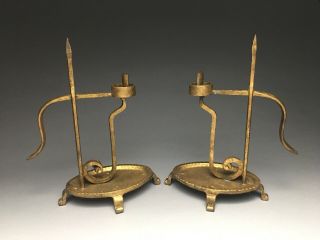 Old Gold Paint Cast & Wrought Iron Rush Light Candle Holder Chamberstick