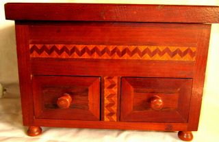 Circa 1940 Handmade Marquetry Inlay Footed Wooden Jewelry Box Tramp Art