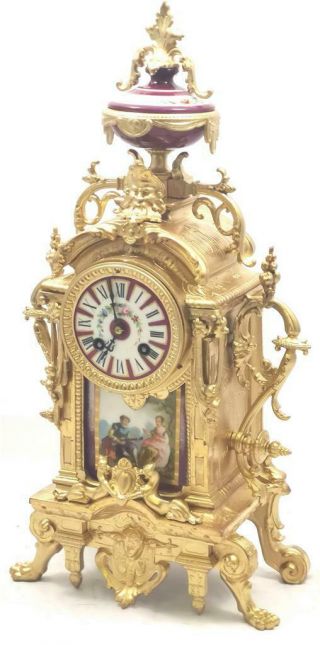 Antique Mantle Clock French Gilt & Red Sevres Bell Striking C1880