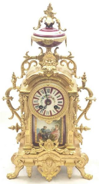 Antique Mantle Clock French Gilt & Red Sevres Bell Striking C1880 2