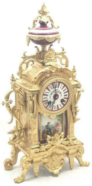 Antique Mantle Clock French Gilt & Red Sevres Bell Striking C1880 3