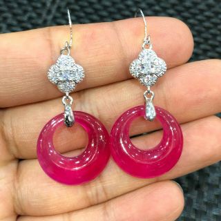 Collectible Chinese Handwork S925 Silver & Red Jadeite Jade Annular Pair Eardrop