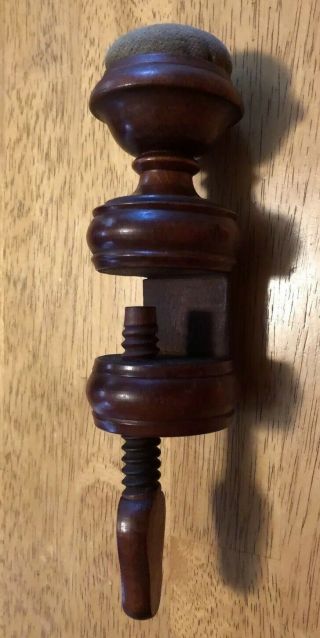 Vintage Antique Walnut Victorian Sewing Clamp Pin Cushion