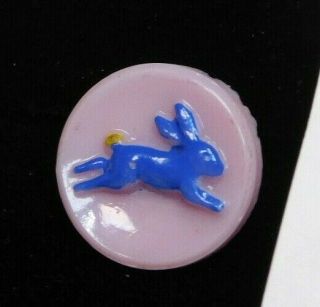 Vintage Bunny Button Pink Glass W Running Blue Rabbit Ee