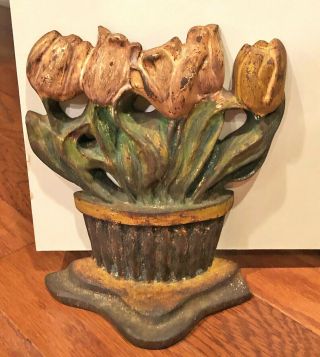 Antique Albany Foundry Flower Tulip Basket Cast Iron Doorstop Door Stop,  Usa