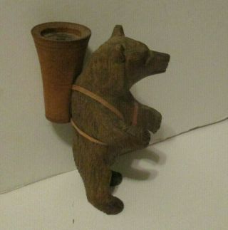Antique Black Forest Carved Wood Bear Pin Cushion & Sewing Thimble Holder Vtg