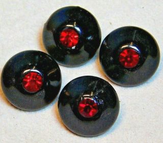 4 Matching Antique Vtg Charmstring Buttons Black Glass Dark Red Gems B2