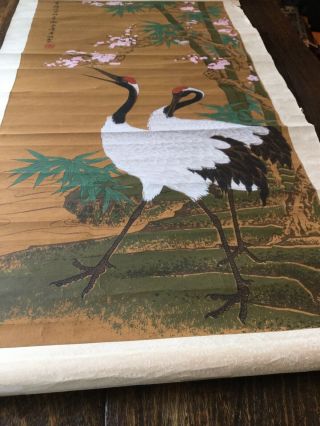 Exquisite Large Antique Japanese Rice Paper Painting Scroll Cranes 41 " X 23 "