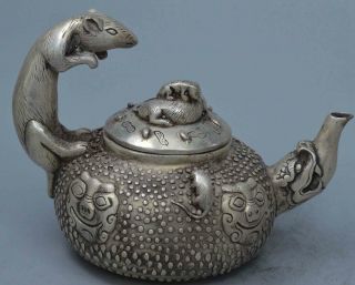 Collectable Souvenir Old Noble Miao Silver Carve Mouse & Lion Ancient Tea Pot