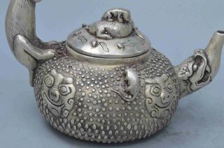 Collectable Souvenir Old Noble Miao Silver Carve Mouse & Lion Ancient Tea Pot 6