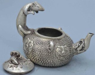 Collectable Souvenir Old Noble Miao Silver Carve Mouse & Lion Ancient Tea Pot 7