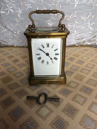 Vintage Carridge Clock And Key (lion Stamped In The Back Of Clock)