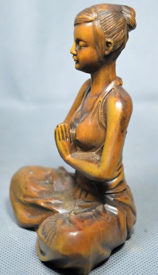 Collectable Old Handwork Boxwood Carve Meditation Beauty Belle Precious Statue 4