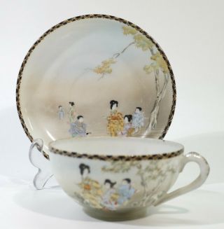 Antique Japanese Late Meiji Period Porcelain Cup & Saucer - Children & Dog.