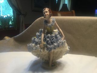 7 1/2” Antique German Dresden Lace Lady Dancer Porcelain Figurine