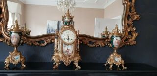 Good Vintage German Ornate Brass And Porcelain Clock Garniture