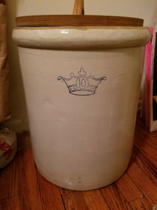 Antique 10 Gallon Blue Crown Stoneware Crock Pottery With Lid
