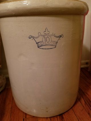 Antique 10 Gallon Blue Crown Stoneware Crock Pottery with lid 2