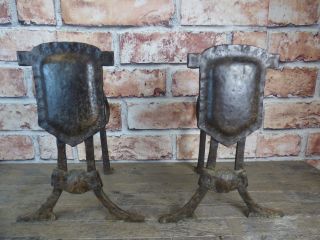 Large Signed Arts & Crafts Style Iron Firedogs With Hammered Shield Decoration.