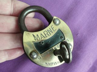 Vintage,  British Brass Mounted " Marne " 6 Lever Padlock With Key