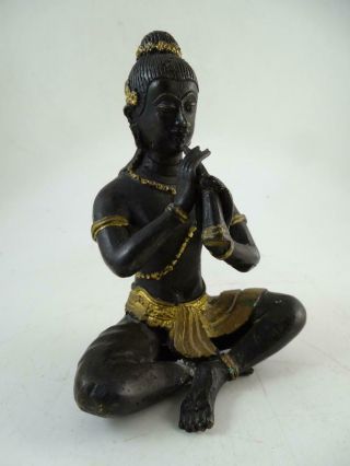 Antique Bronze Buddha Statue Figurine Flute Player Chinese China Vtg Gold Gilt