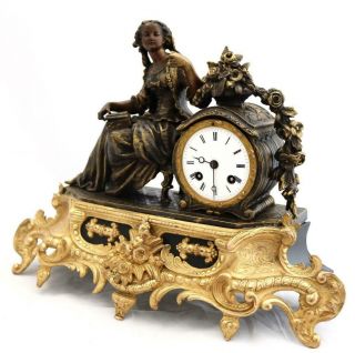 Antique Mantle Clock French 8 Day Stunning 2 Tone Figural Gilt C1855 2
