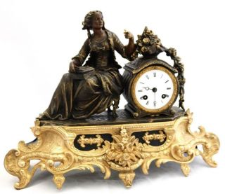 Antique Mantle Clock French 8 Day Stunning 2 Tone Figural Gilt C1855 3