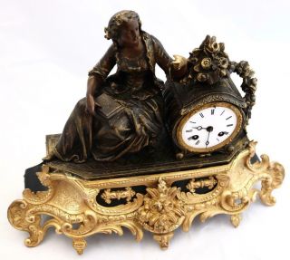 Antique Mantle Clock French 8 Day Stunning 2 Tone Figural Gilt C1855 4