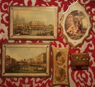 Vintage Set Of 5 Italy Florentine Gilt Gold Wood Tole Wall Plaques,  Trinket Box