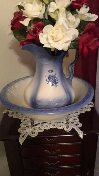 Vintage Xl Ironstone Pitcher And Basin Wash Jug And Bowl Blue Flower Farmhouse