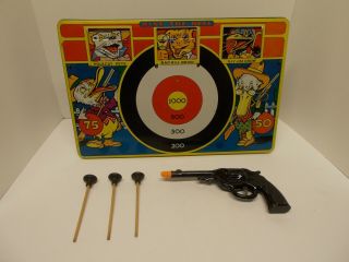 Vtg Marx Pressed - Tin Shooting Gallery W/ Movable Targets & Dart Pistol