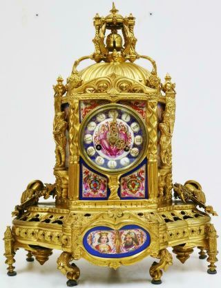 Rare Antique French 8day Gothic Bronze & Sevres Porcelain Automaton Mantel Clock