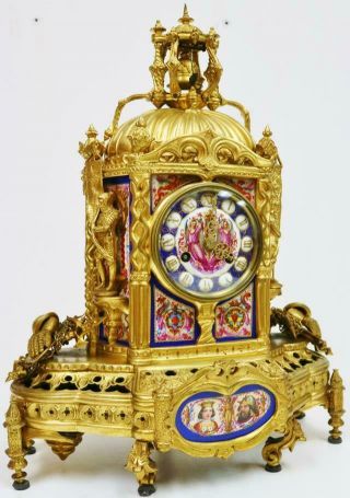 Rare Antique French 8Day Gothic Bronze & Sevres Porcelain Automaton Mantel Clock 2