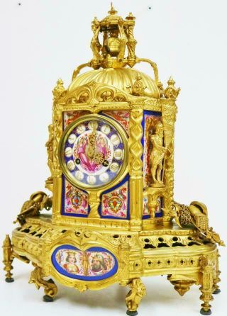 Rare Antique French 8Day Gothic Bronze & Sevres Porcelain Automaton Mantel Clock 6