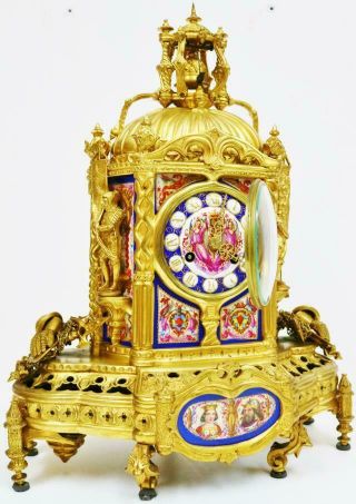 Rare Antique French 8Day Gothic Bronze & Sevres Porcelain Automaton Mantel Clock 8