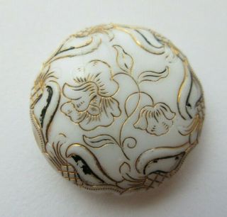 Gorgeous Antique Vtg Victorian White Glass Button W/ Incised Floral Design (c)