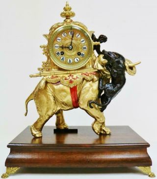 Rare Antique French 8 Day Gilt Metal Tiger Attacking Elephant Mantle Clock