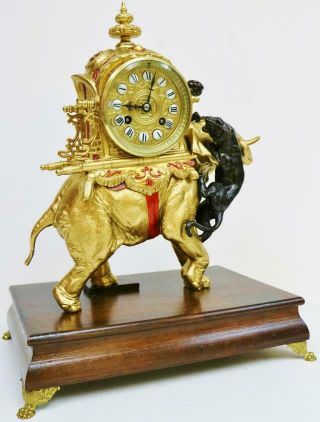 Rare Antique French 8 Day Gilt Metal Tiger Attacking Elephant Mantle Clock 2